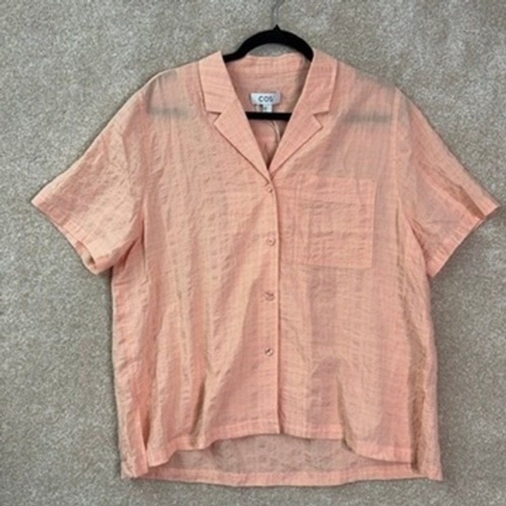 NWT COS Seersucker Shirt Women 10 Short Sleeve Button Up Boxy Minimalist Summer